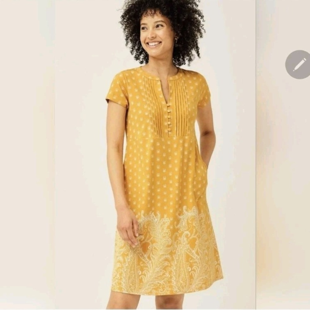 J.Jill Paisley Printed A-line Dress Mustard Yellow Buttons, Pleated Womens Small